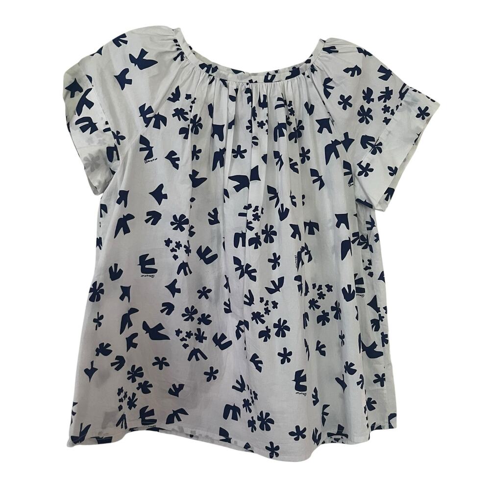 Bonpoint Augustina Bird Print Cotton Blouse Girls Size 14Y White Natural Top